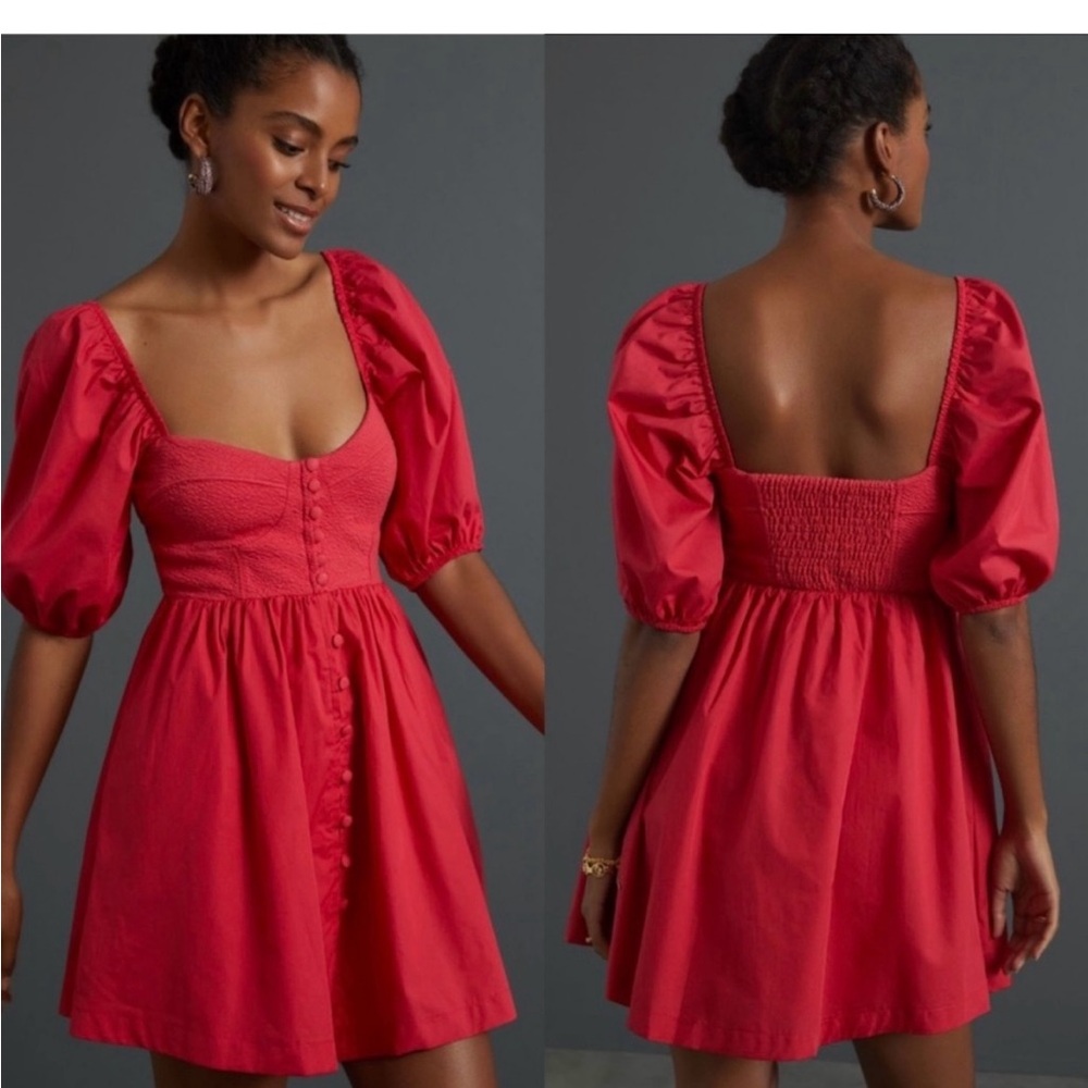 Maeve Anthropologie Red Puff Sleeve Mini Dress Size small